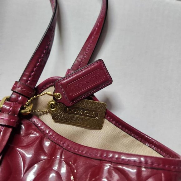 Coach Peyton Op Art Fusia Wine Red Large Embossed Leather Signature Tote - Picture 3 of 5